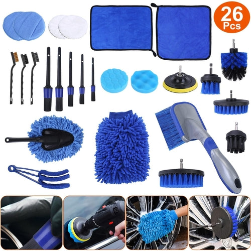26Pcs Car Detailing Brush Kit Exterior Interior Car Cleaning Set Drill